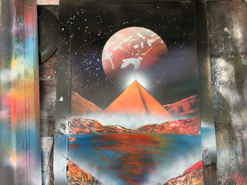 赤字出品‼️スプレーアートA3原画額付 青いピラミッドと惑星
